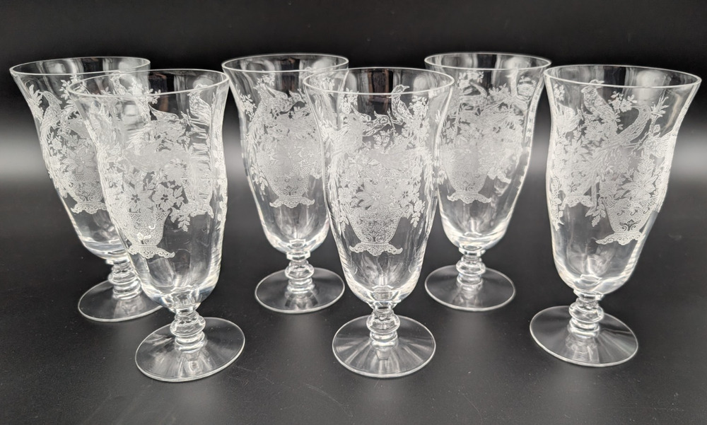Tiffin Pheasant Iced Tea Etched 6 Glasses Tumblers 6-7/8" Vintage
